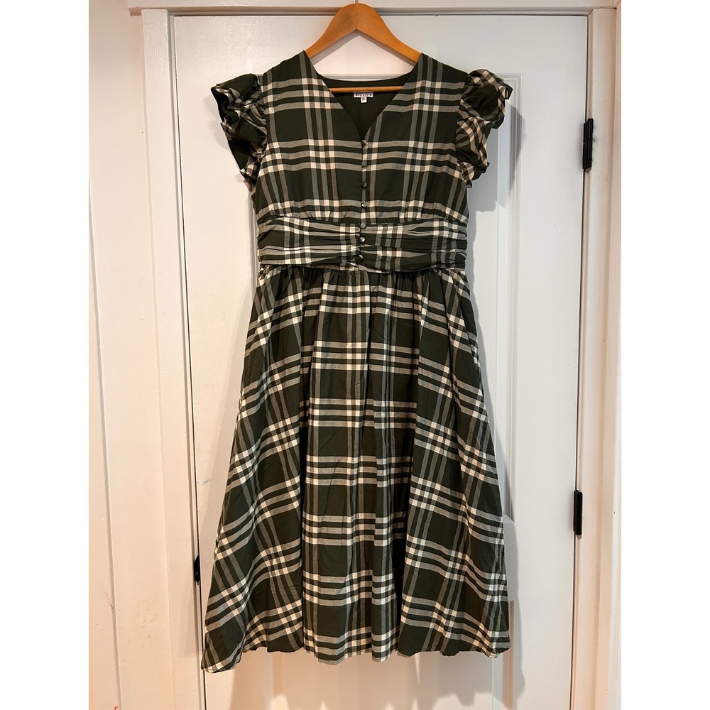 Blueberry Blvd Plaid Button Front Prairie Midi Dress Womens XL Cottagecore Retro